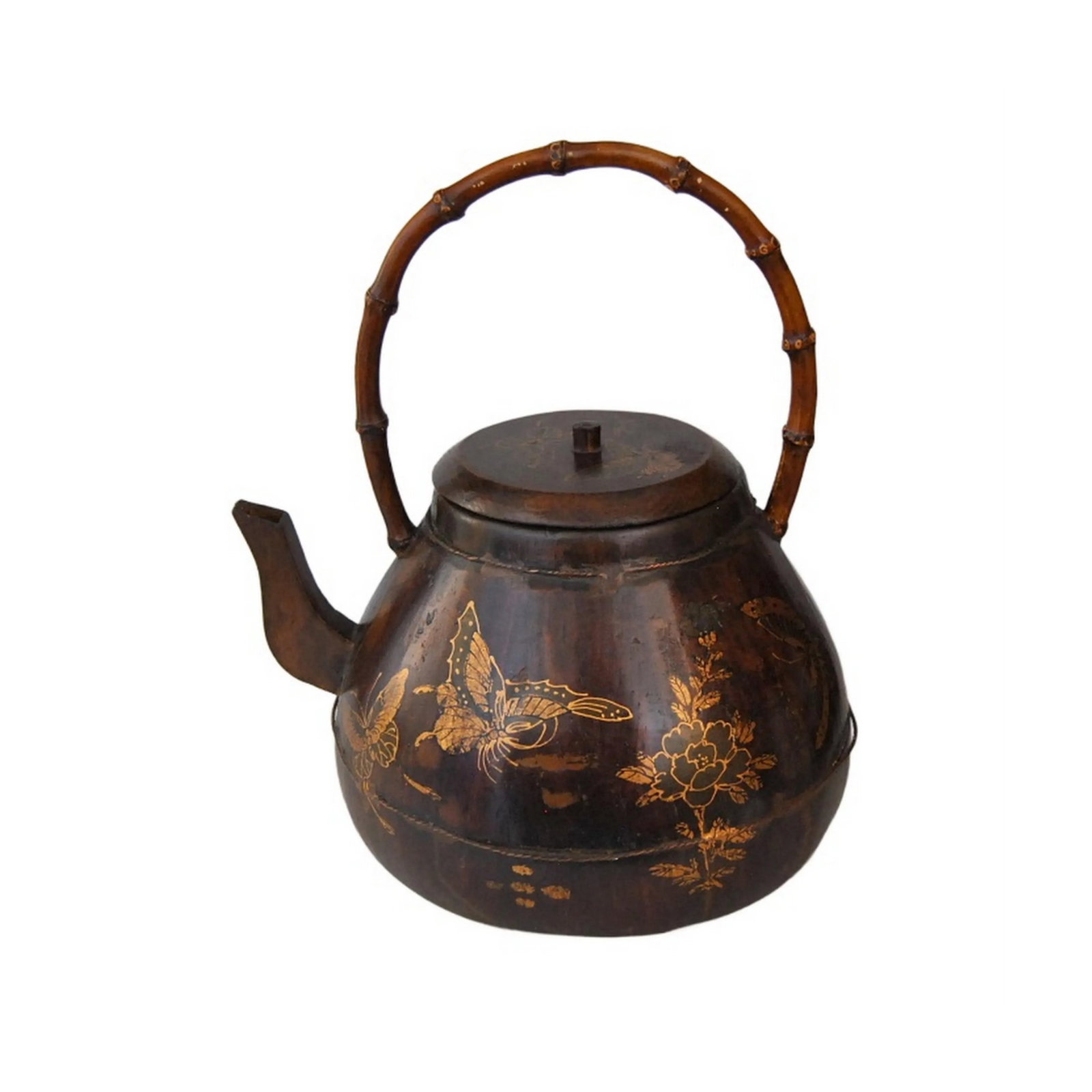 Antique Gilt Rosewood Kettle or Teapot With Butterflies and Flowers, 19th Century - 13