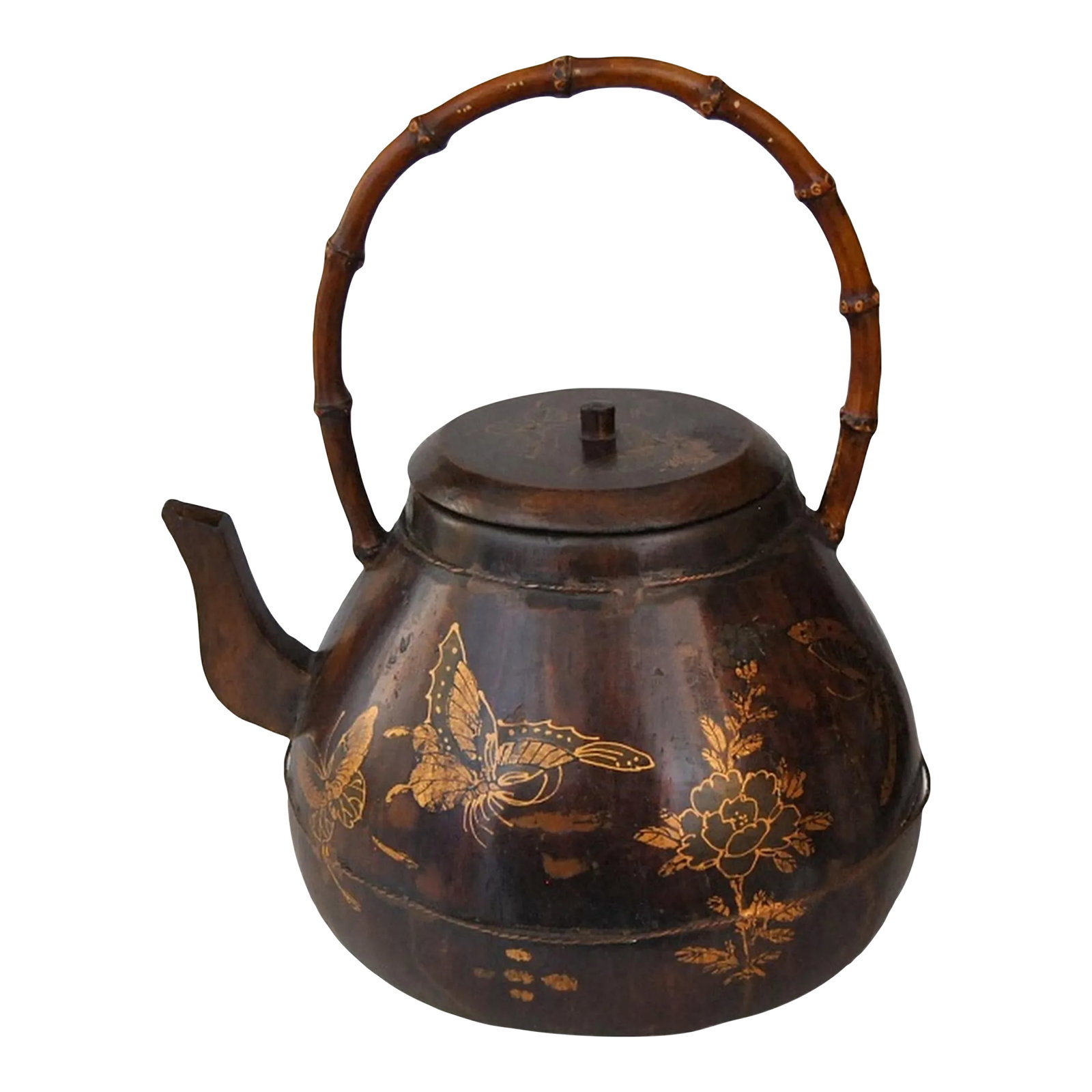 Antique Gilt Rosewood Kettle or Teapot With Butterflies and Flowers, 19th Century: A Rare Antique Rosewood Gild Water Kettle or Teapot With Butterflies and Flowers circa late 19th Century. The bulbous flattened body is decorated with gilt blossoming flowers and butterflies. Curvaceo
