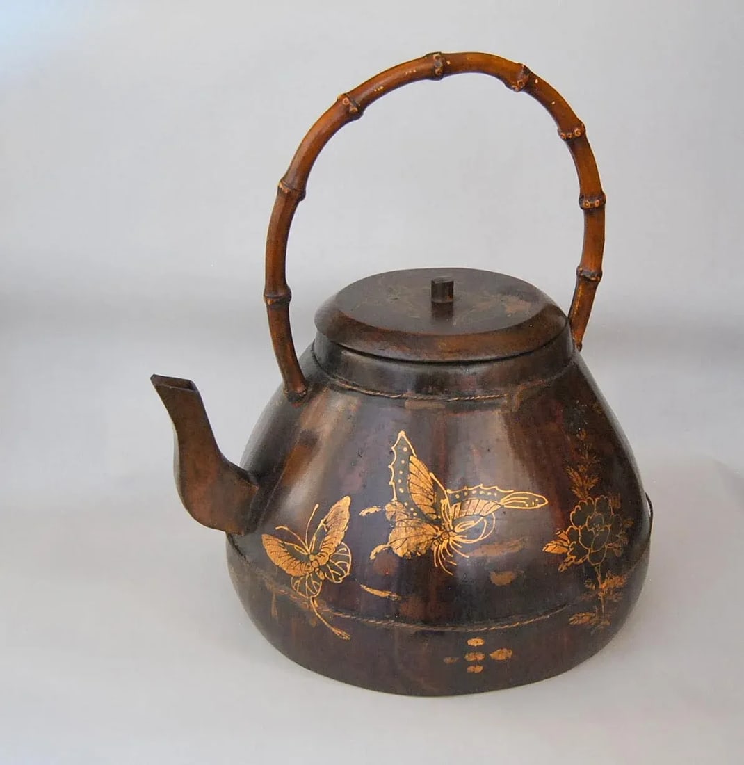 Antique Gilt Rosewood Kettle or Teapot With Butterflies and Flowers, 19th Century - 2