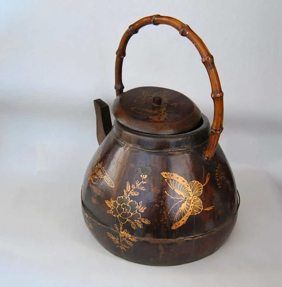 Antique Gilt Rosewood Kettle or Teapot With Butterflies and Flowers, 19th Century - 4