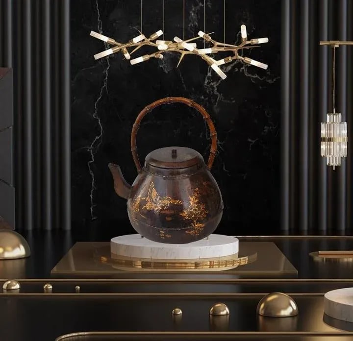 Antique Gilt Rosewood Kettle or Teapot With Butterflies and Flowers, 19th Century - 5