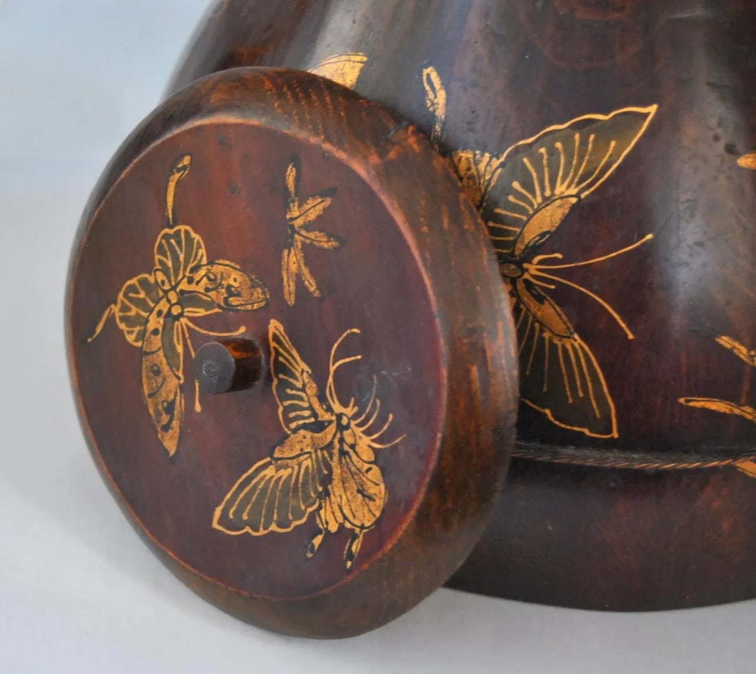 Antique Gilt Rosewood Kettle or Teapot With Butterflies and Flowers, 19th Century - 6