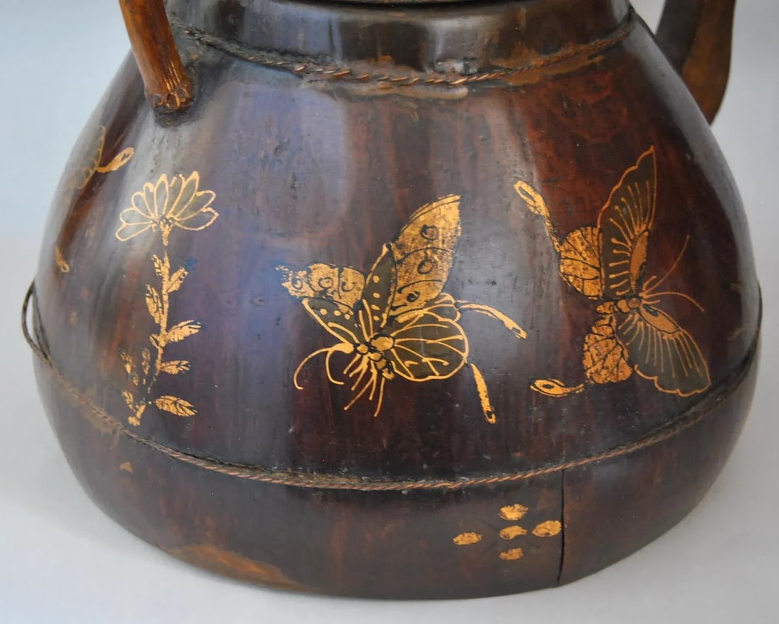 Antique Gilt Rosewood Kettle or Teapot With Butterflies and Flowers, 19th Century - 7