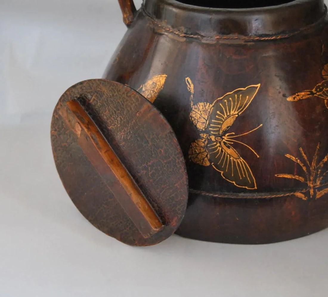 Antique Gilt Rosewood Kettle or Teapot With Butterflies and Flowers, 19th Century - 8