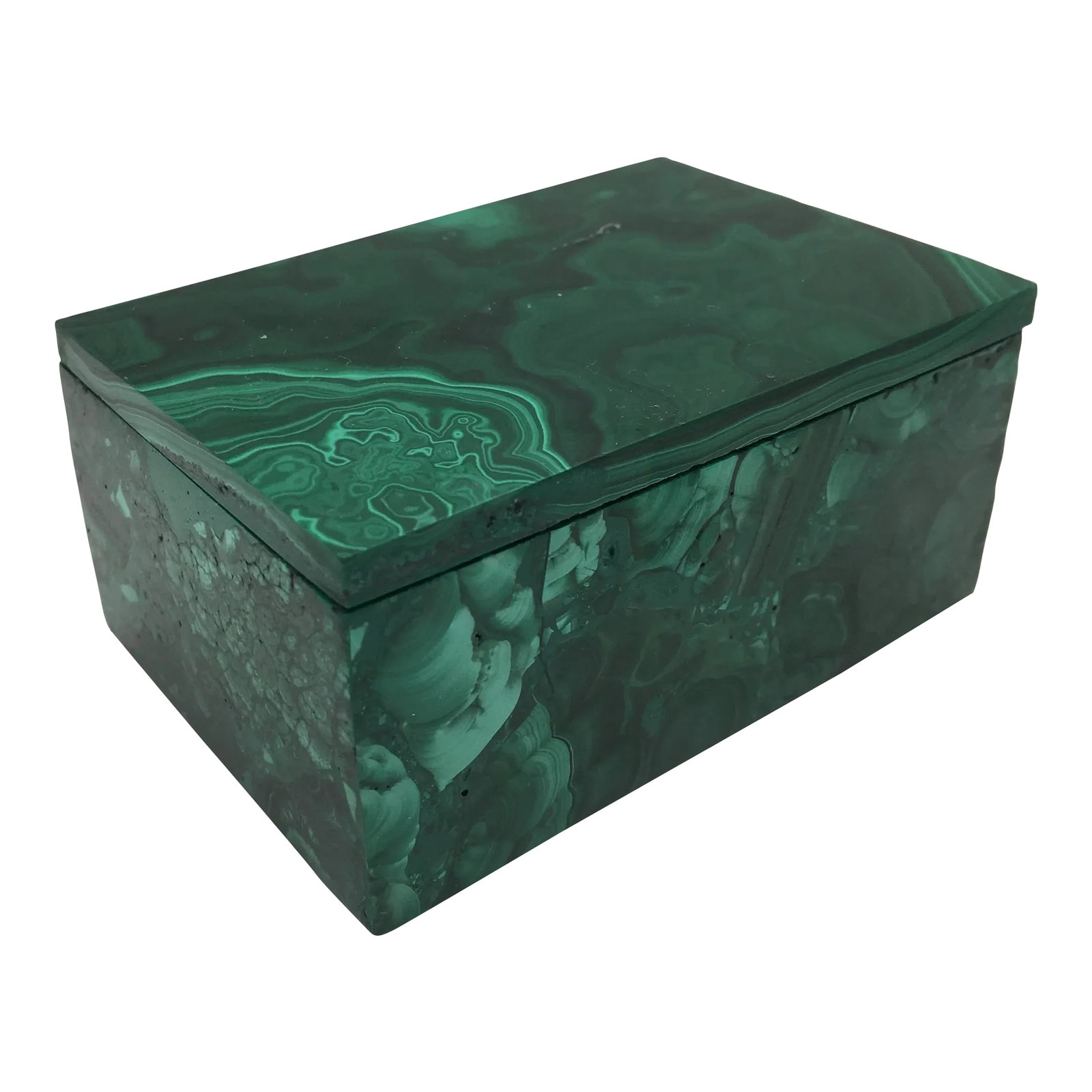 Malachite Accessory Box With Matching Removable Lid: Beautiful hand assembled polished malachite accessory box with removable lid. Great catchall to hold keys and wallet or jewelry next to your bed. Great for tiny personal notes or love notes to your