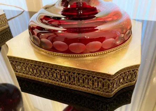 Pair Vintage Mid French Victorian Bohemian Ruby Red Cut to Clear Lamps - 10