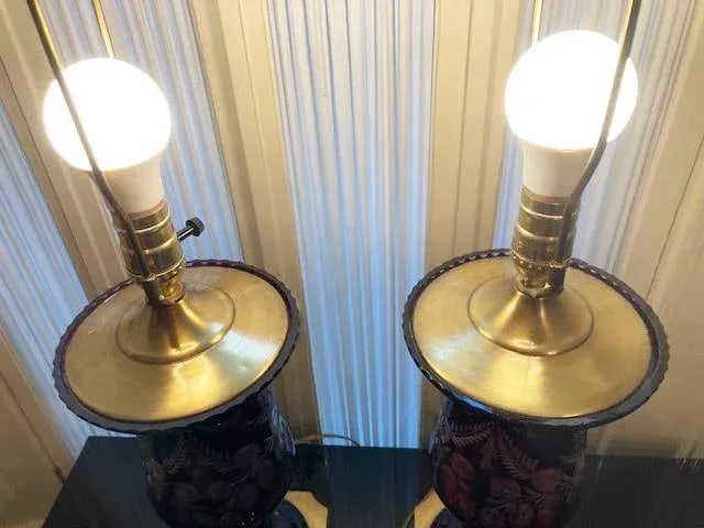 Pair Vintage Mid French Victorian Bohemian Ruby Red Cut to Clear Lamps - 11
