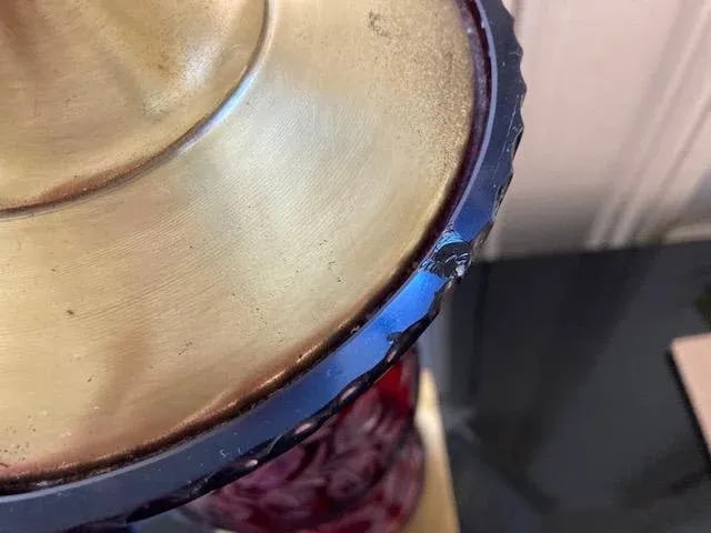 Pair Vintage Mid French Victorian Bohemian Ruby Red Cut to Clear Lamps - 12