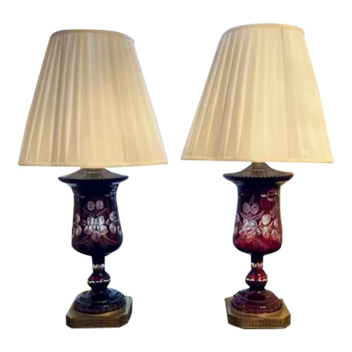 Pair Vintage Mid French Victorian Bohemian Ruby Red Cut to Clear Lamps: Offered is a lovely pair of vintage Bohemian red glass lamps. Although they are a matched pair, the two are not identical in that one is slightly darker than the other - more of a dark cherry as