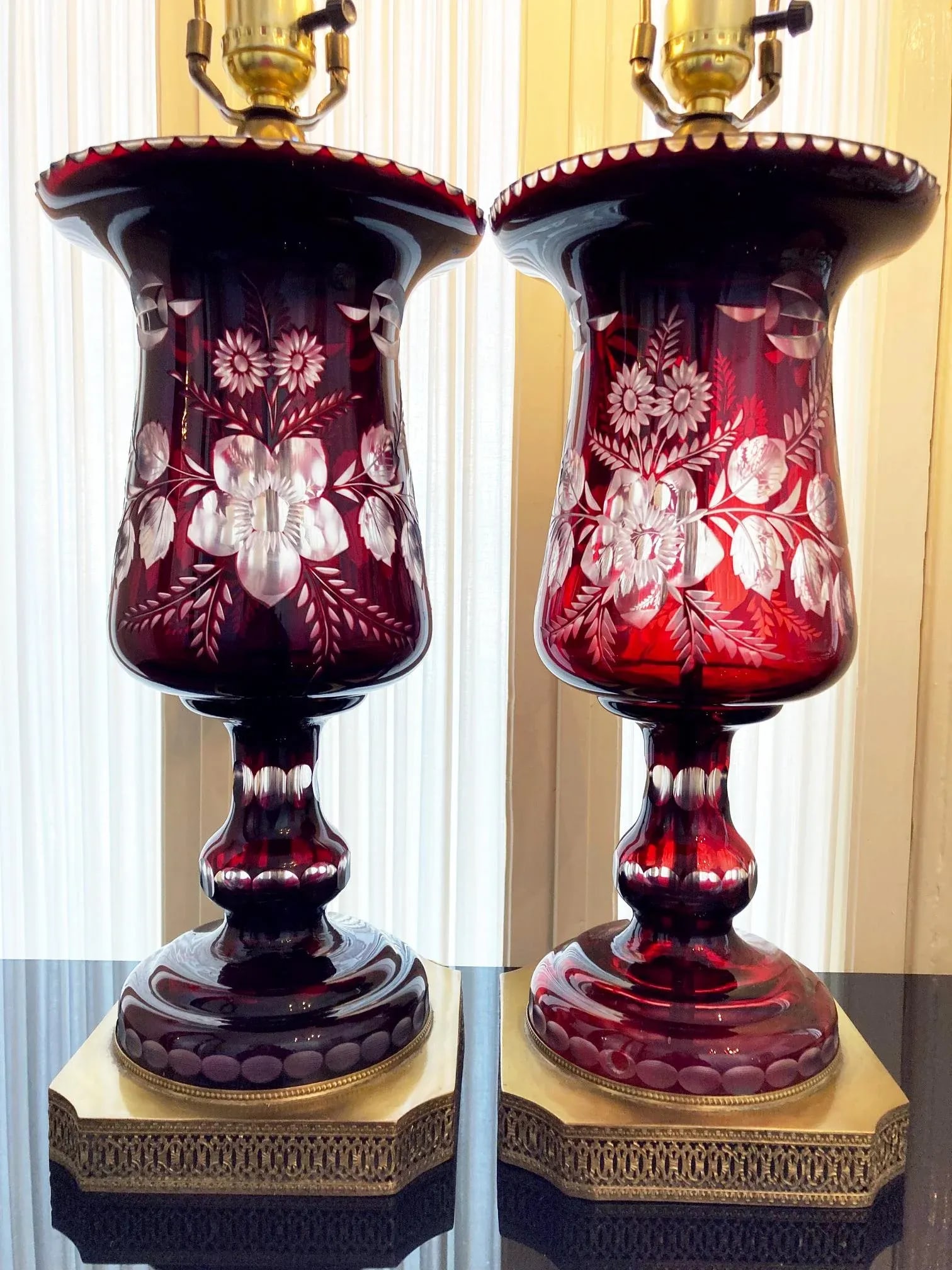 Pair Vintage Mid French Victorian Bohemian Ruby Red Cut to Clear Lamps - 2