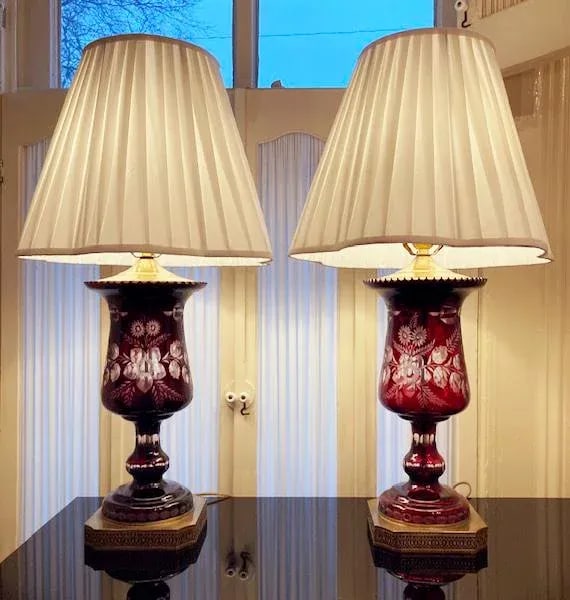 Pair Vintage Mid French Victorian Bohemian Ruby Red Cut to Clear Lamps - 3