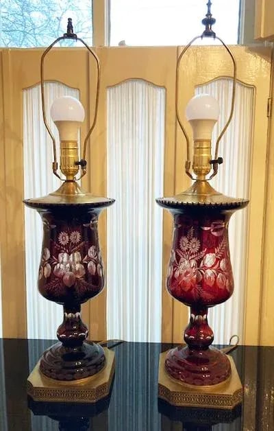 Pair Vintage Mid French Victorian Bohemian Ruby Red Cut to Clear Lamps - 4