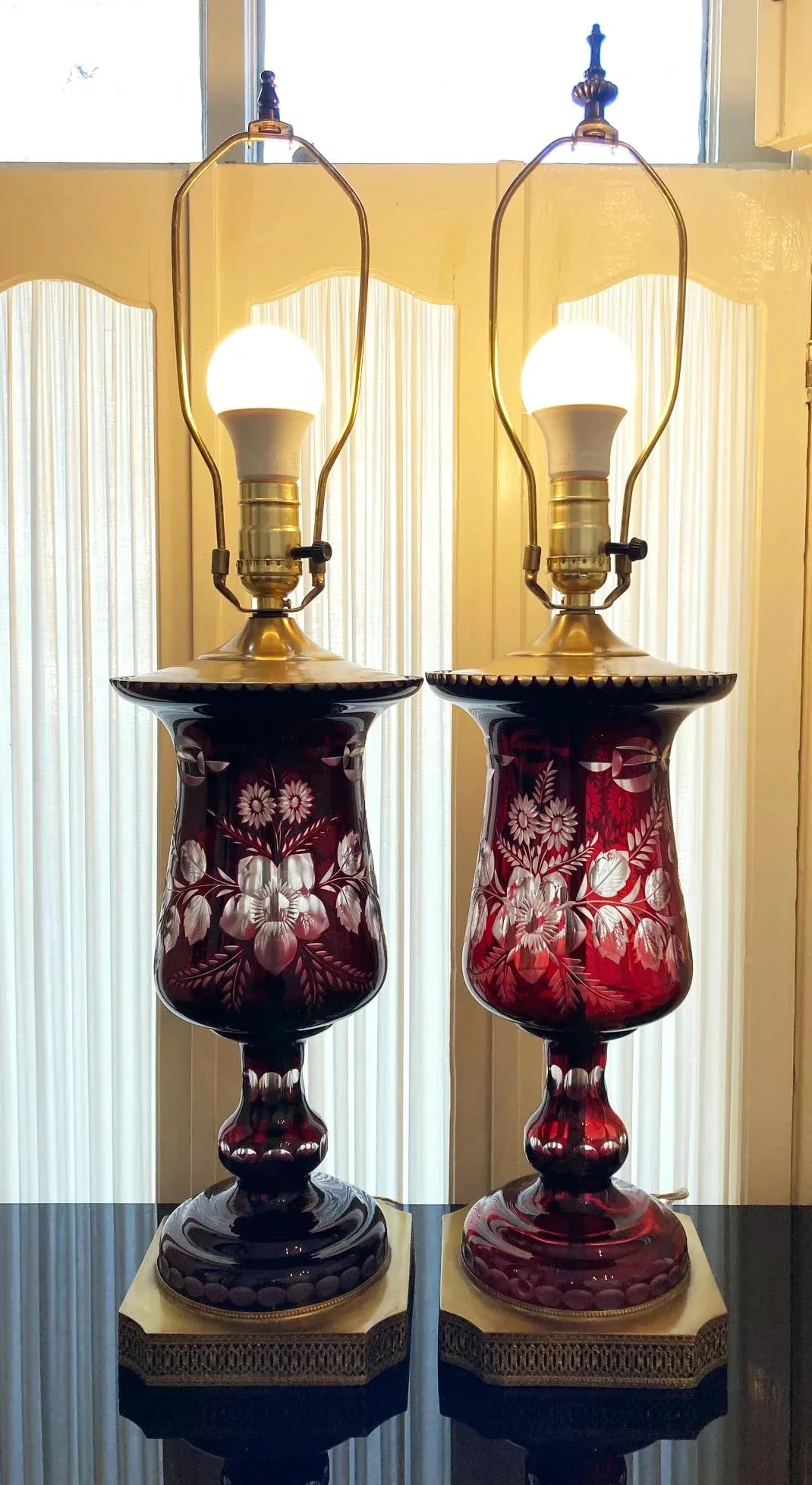 Pair Vintage Mid French Victorian Bohemian Ruby Red Cut to Clear Lamps - 5
