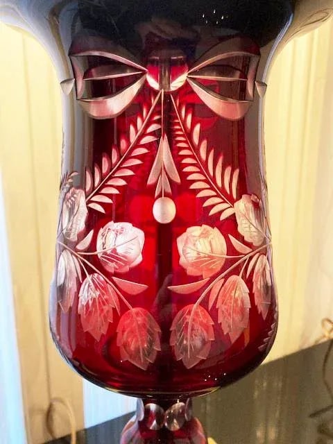 Pair Vintage Mid French Victorian Bohemian Ruby Red Cut to Clear Lamps - 6