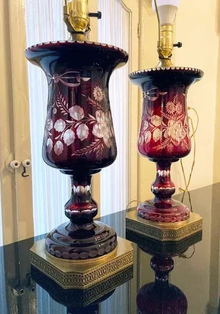 Pair Vintage Mid French Victorian Bohemian Ruby Red Cut to Clear Lamps - 7