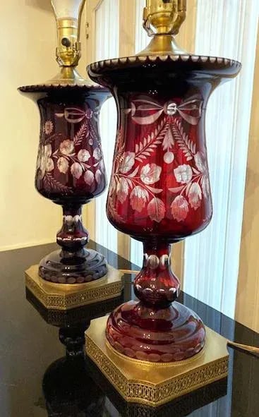 Pair Vintage Mid French Victorian Bohemian Ruby Red Cut to Clear Lamps - 8