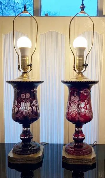 Pair Vintage Mid French Victorian Bohemian Ruby Red Cut to Clear Lamps - 9