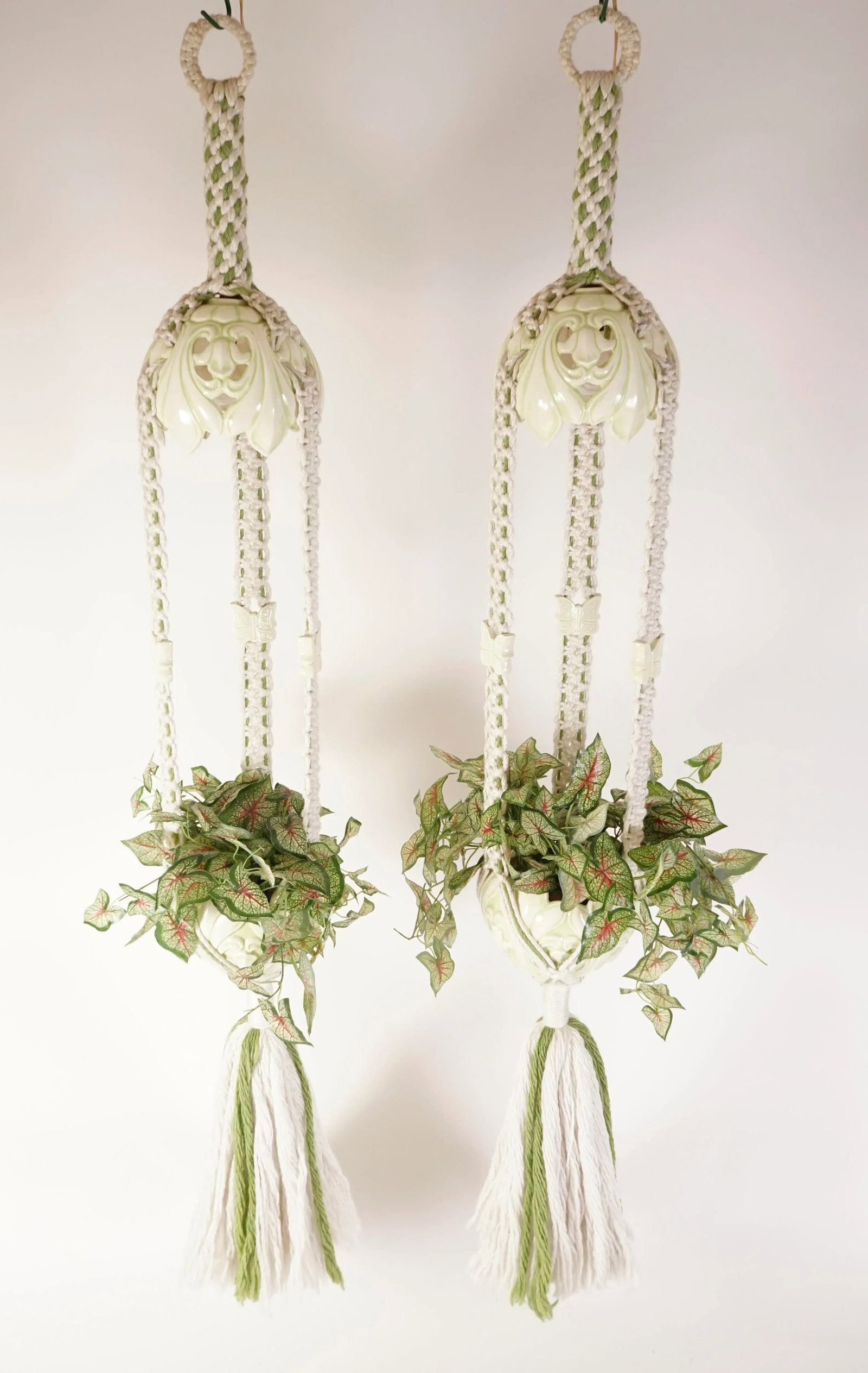 1970s Hanging Macrame Lamp With Planter Decorated With Butterflies Set of 2 - 12