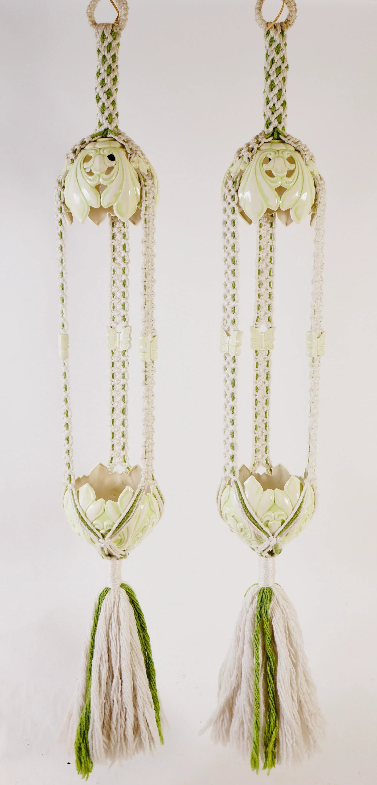 1970s Hanging Macrame Lamp With Planter Decorated With Butterflies Set of 2 - 13