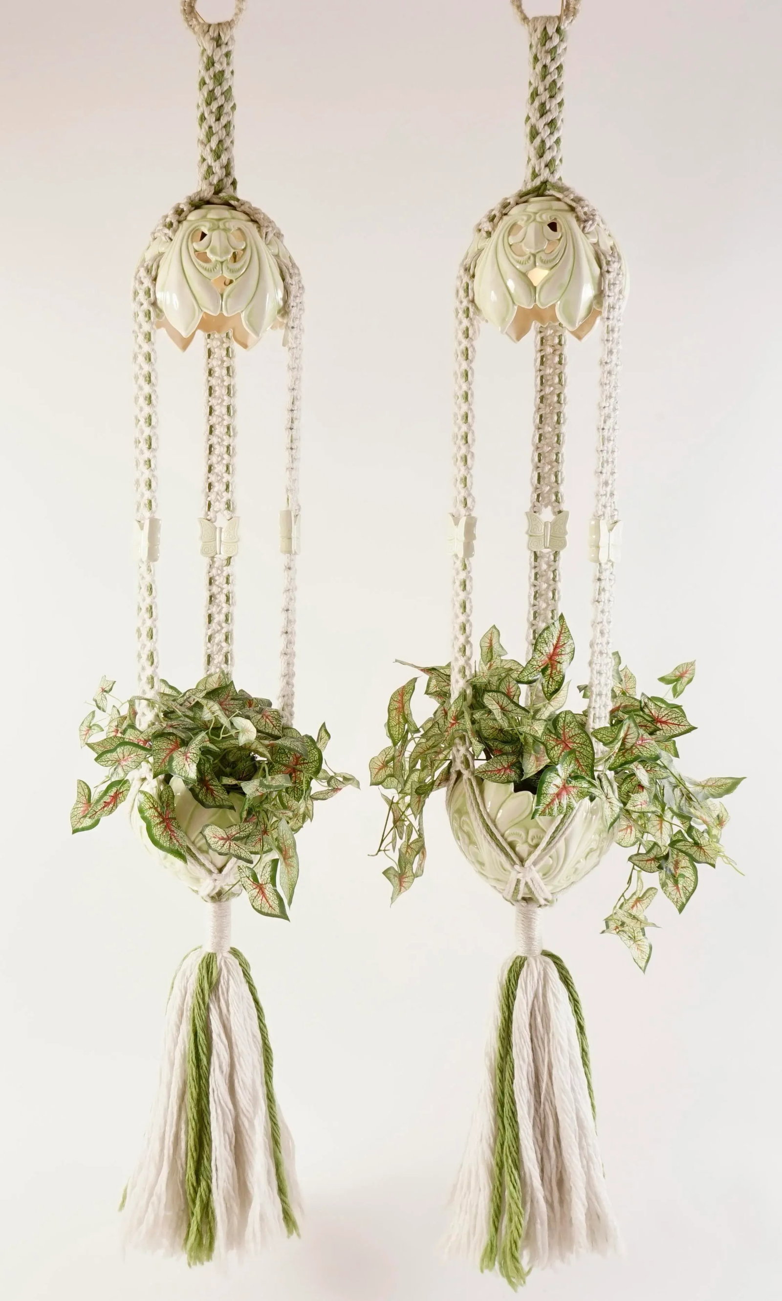 1970s Hanging Macrame Lamp With Planter Decorated With Butterflies Set of 2 - 2