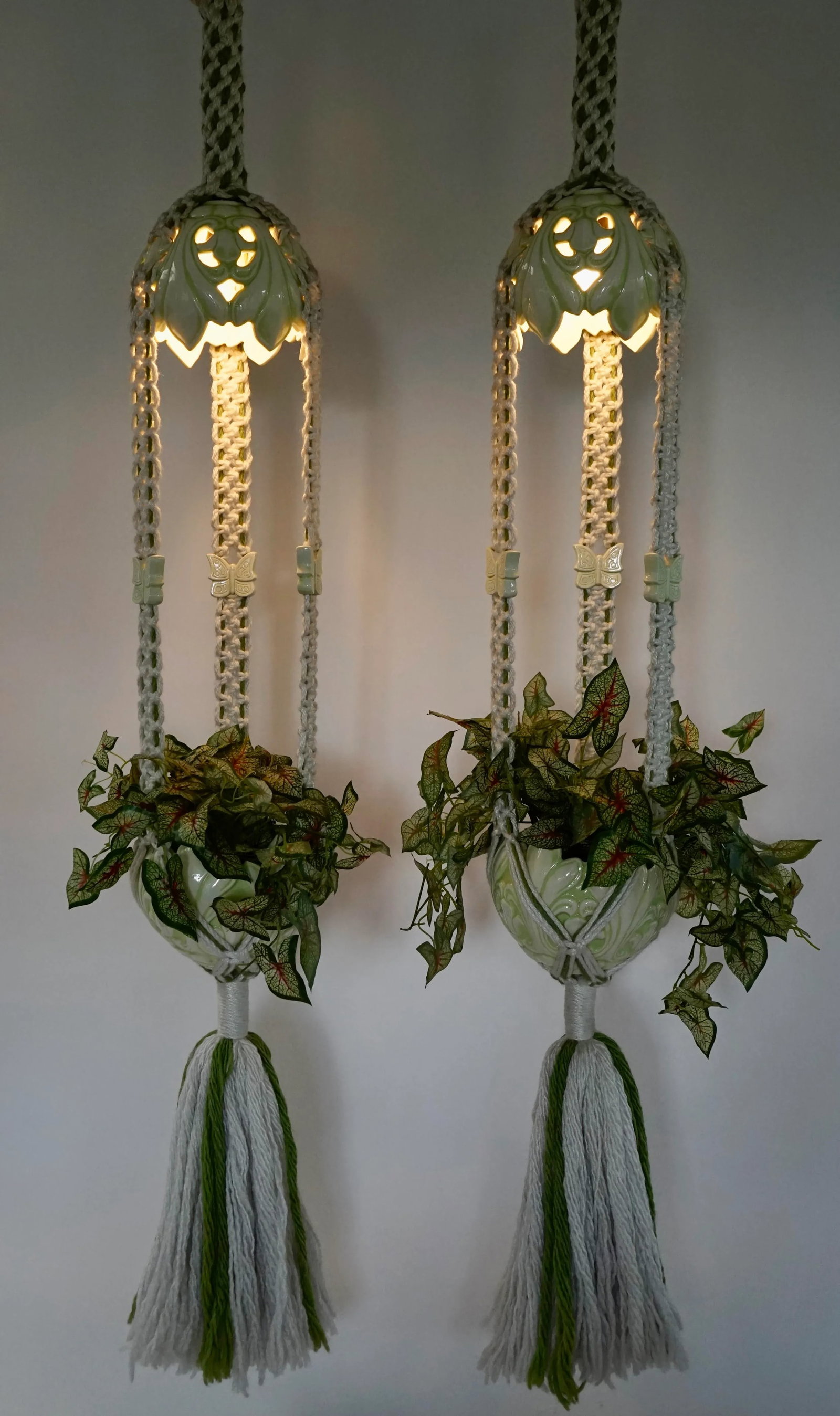 1970s Hanging Macrame Lamp With Planter Decorated With Butterflies Set of 2 - 7