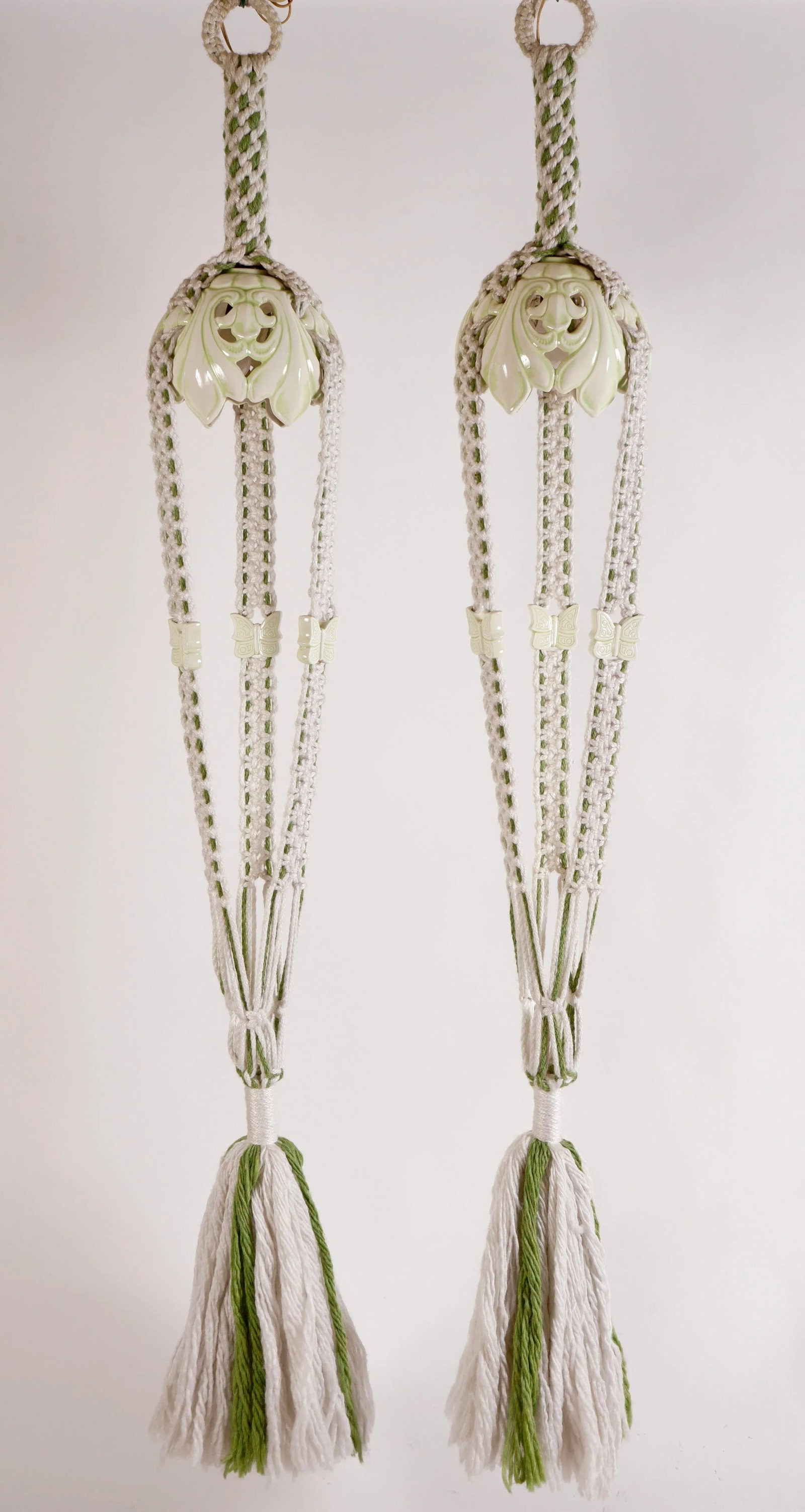 1970s Hanging Macrame Lamp With Planter Decorated With Butterflies Set of 2 - 9