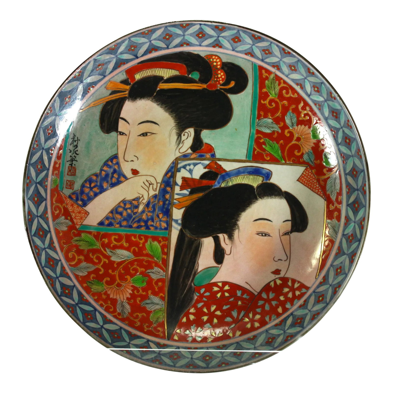 Japanese Meiji (1868-1912) Hand Painted Charger, Signed: An outstanding and unusual large Japanese plate or shallow bowl Hand painted all over, top and bottom, with polychrome enamels Bold colors, red, green and underglaze cobalt blue It features two