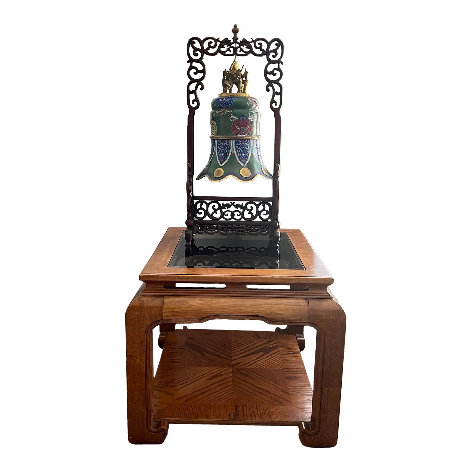 C 1900 Large Chinese Cloisonne Enamel Bell With Stand: Beautiful large and heavy Chinese cloisonne bell from c. 1900. Not sure of when the stand was made but assumption is around the same time due to wood damage here and there. Trumpet form with flared