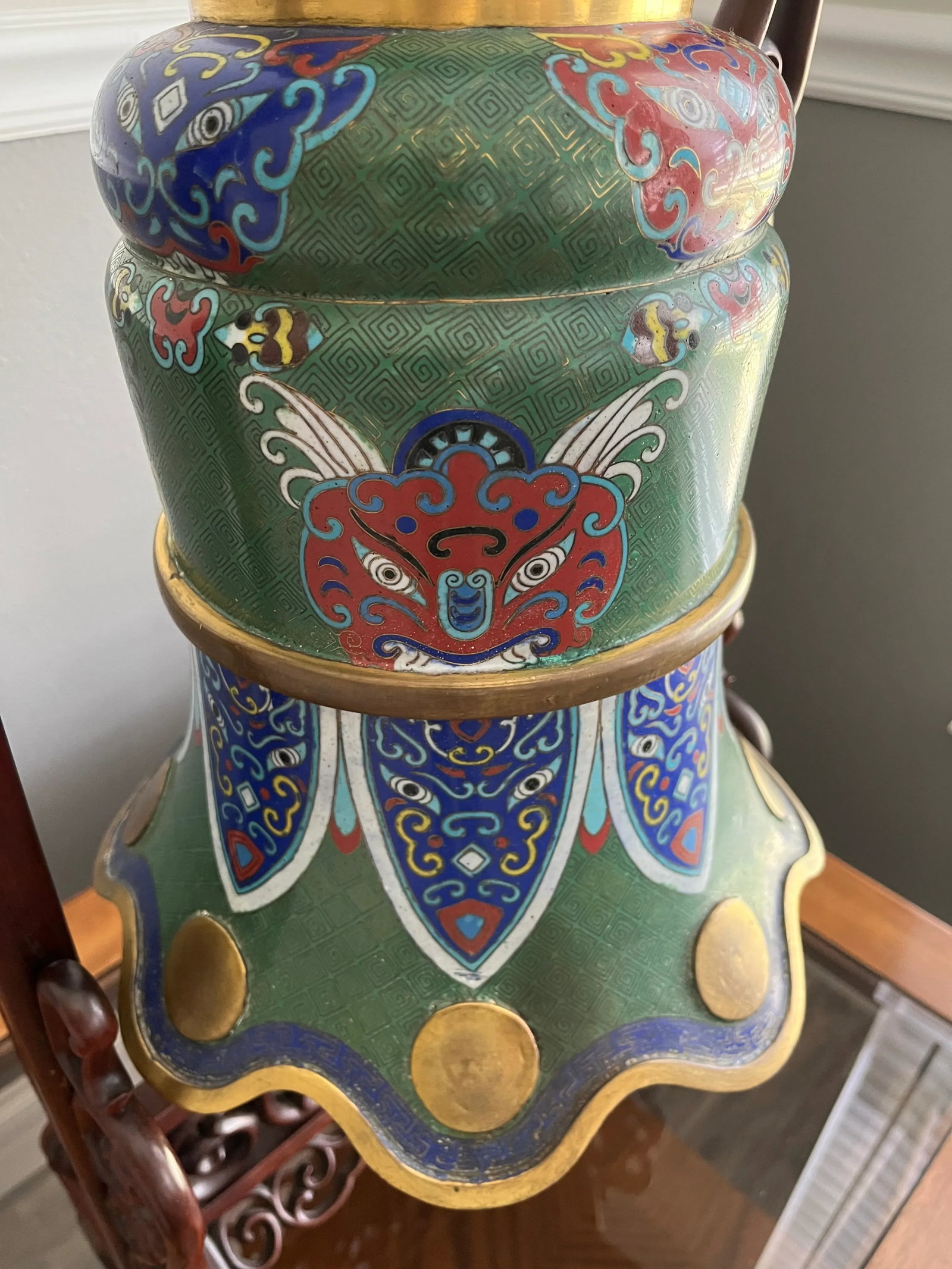 C 1900 Large Chinese Cloisonne Enamel Bell With Stand - 2