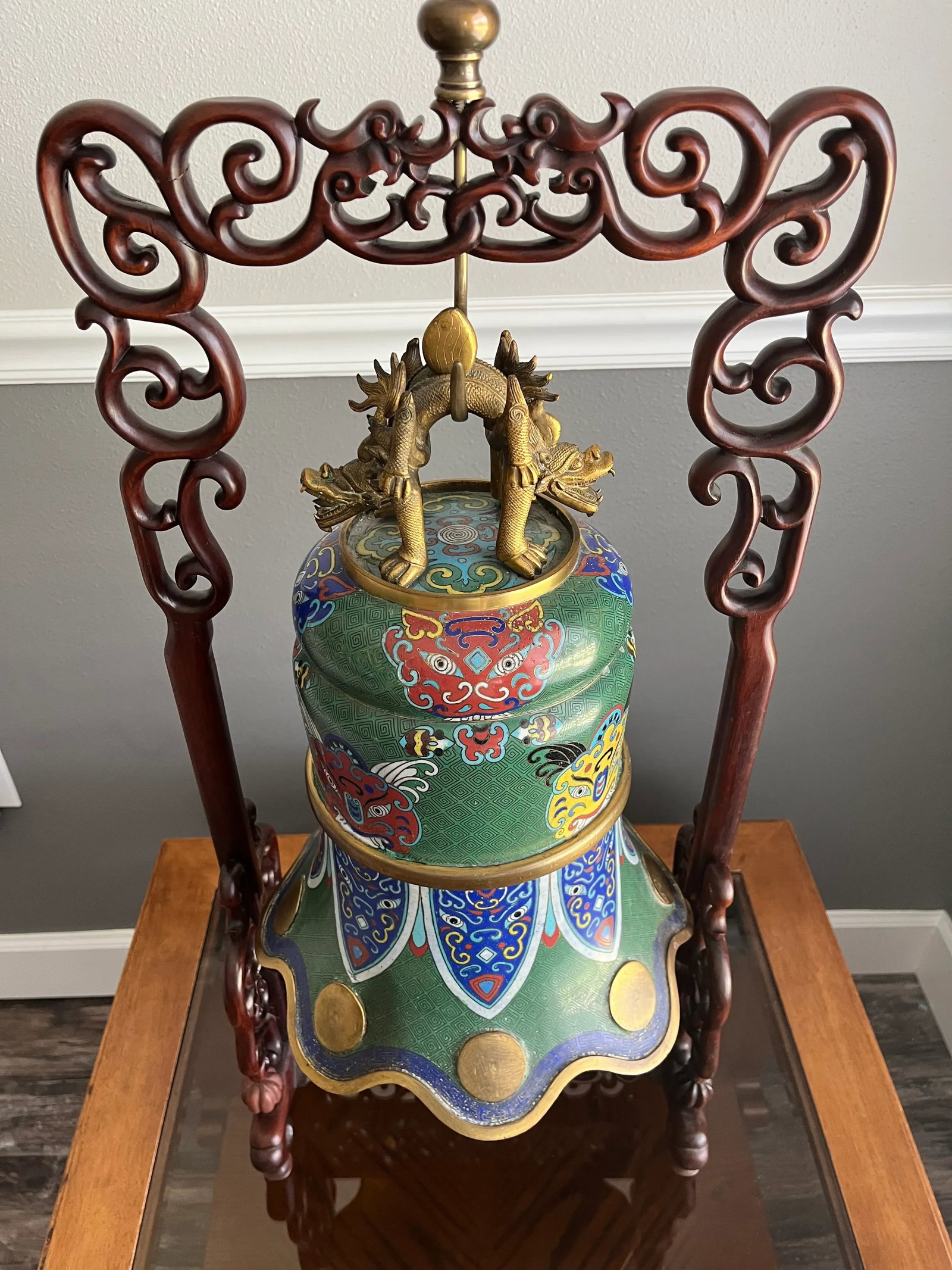 C 1900 Large Chinese Cloisonne Enamel Bell With Stand - 4