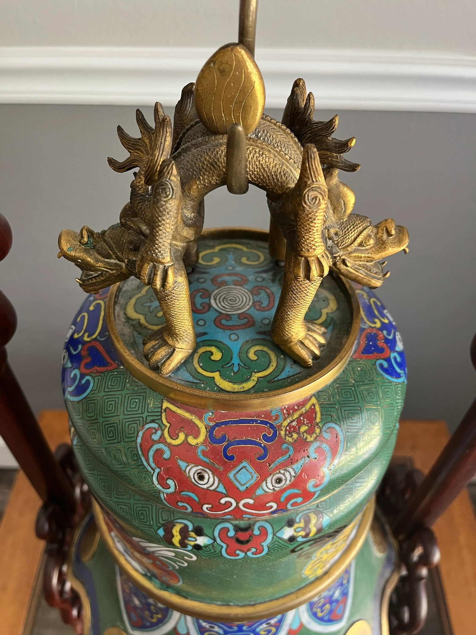 C 1900 Large Chinese Cloisonne Enamel Bell With Stand - 5