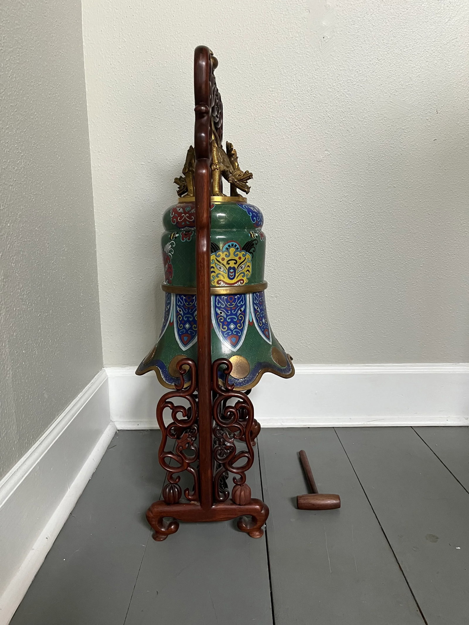 C 1900 Large Chinese Cloisonne Enamel Bell With Stand - 7