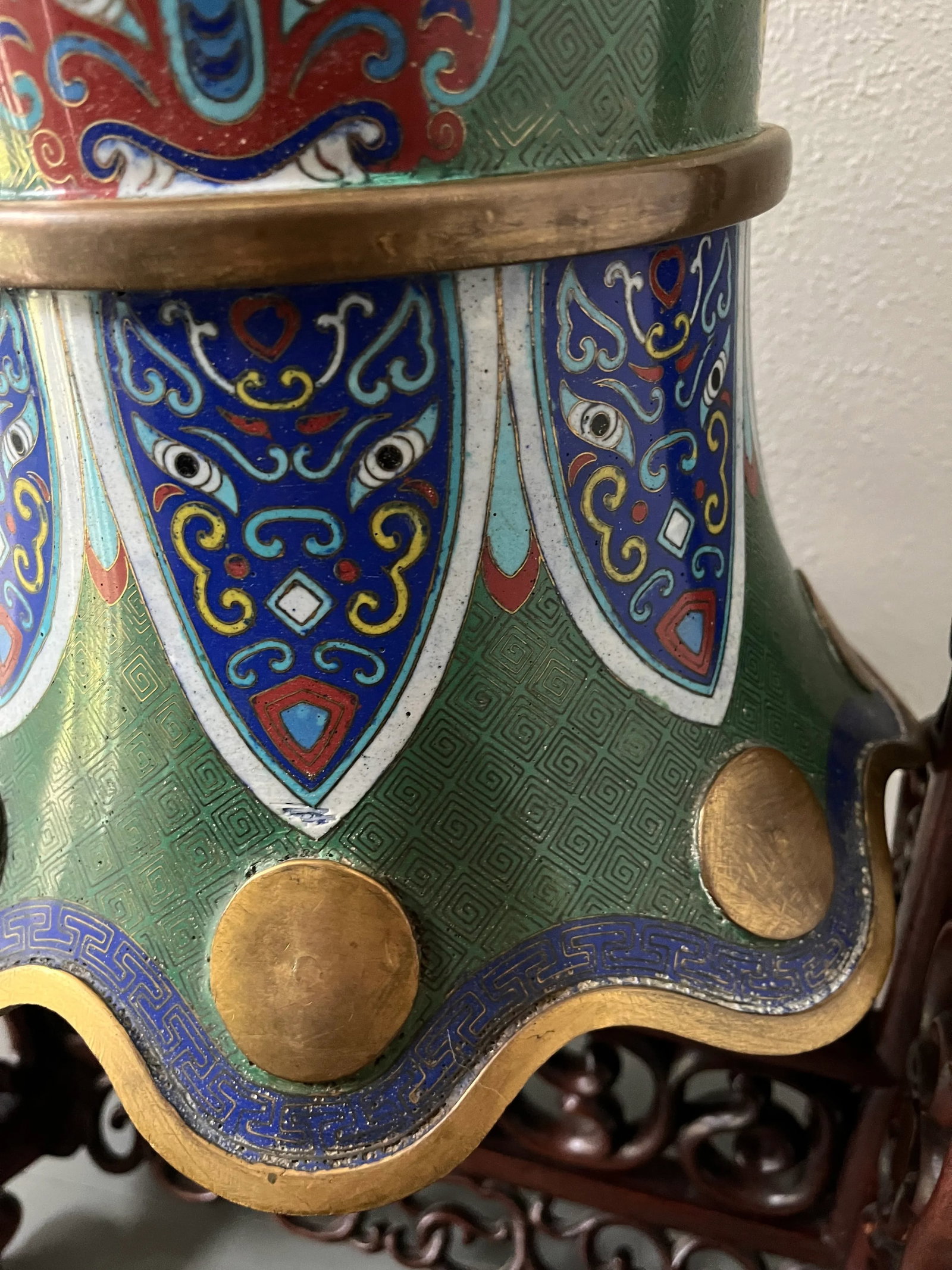 C 1900 Large Chinese Cloisonne Enamel Bell With Stand - 9