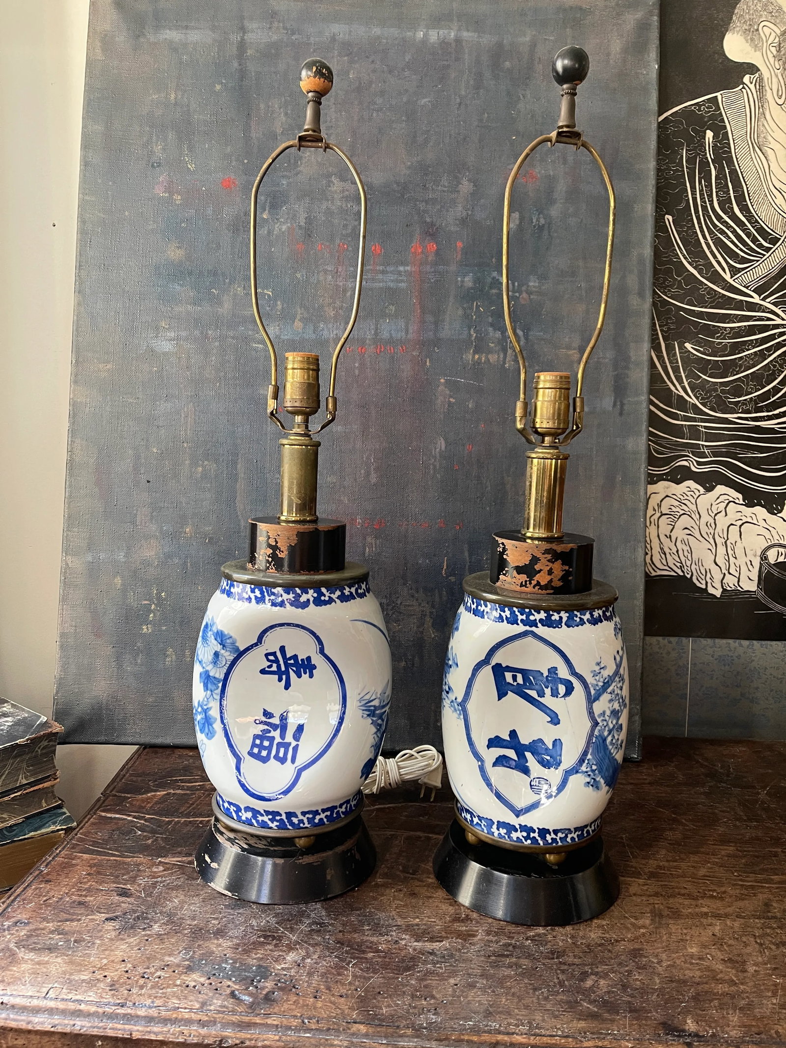 Mid Century Blue and White Chinese Ceramic Lamps - a Pair - 13
