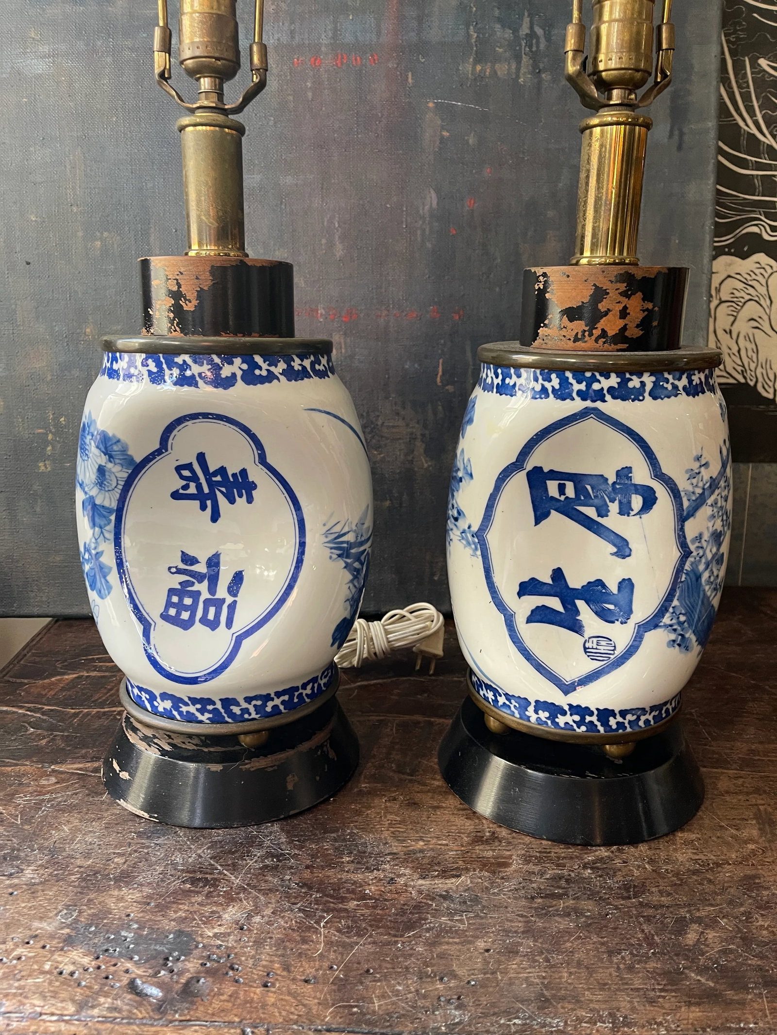 Mid Century Blue and White Chinese Ceramic Lamps - a Pair - 2