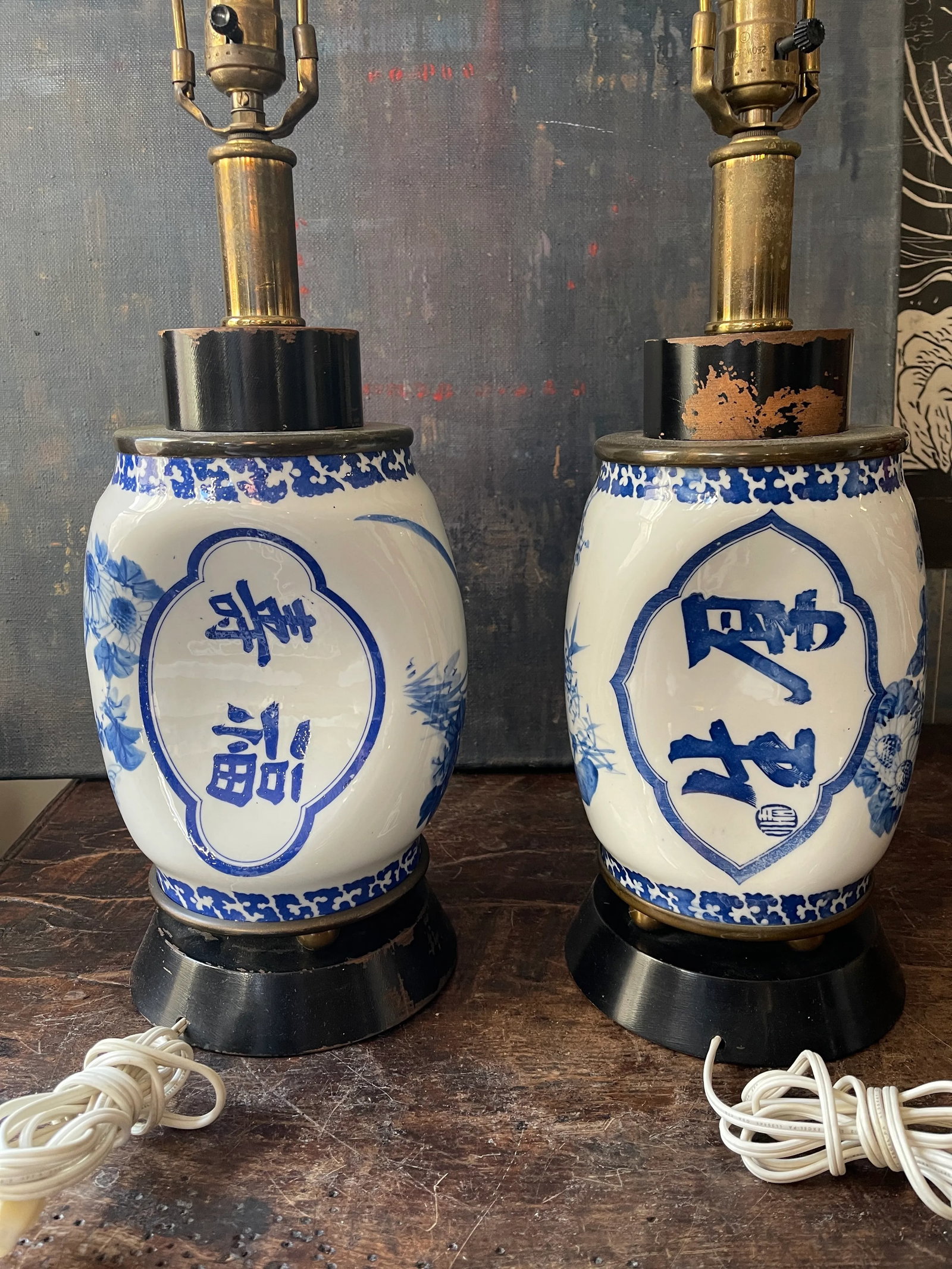 Mid Century Blue and White Chinese Ceramic Lamps - a Pair - 5