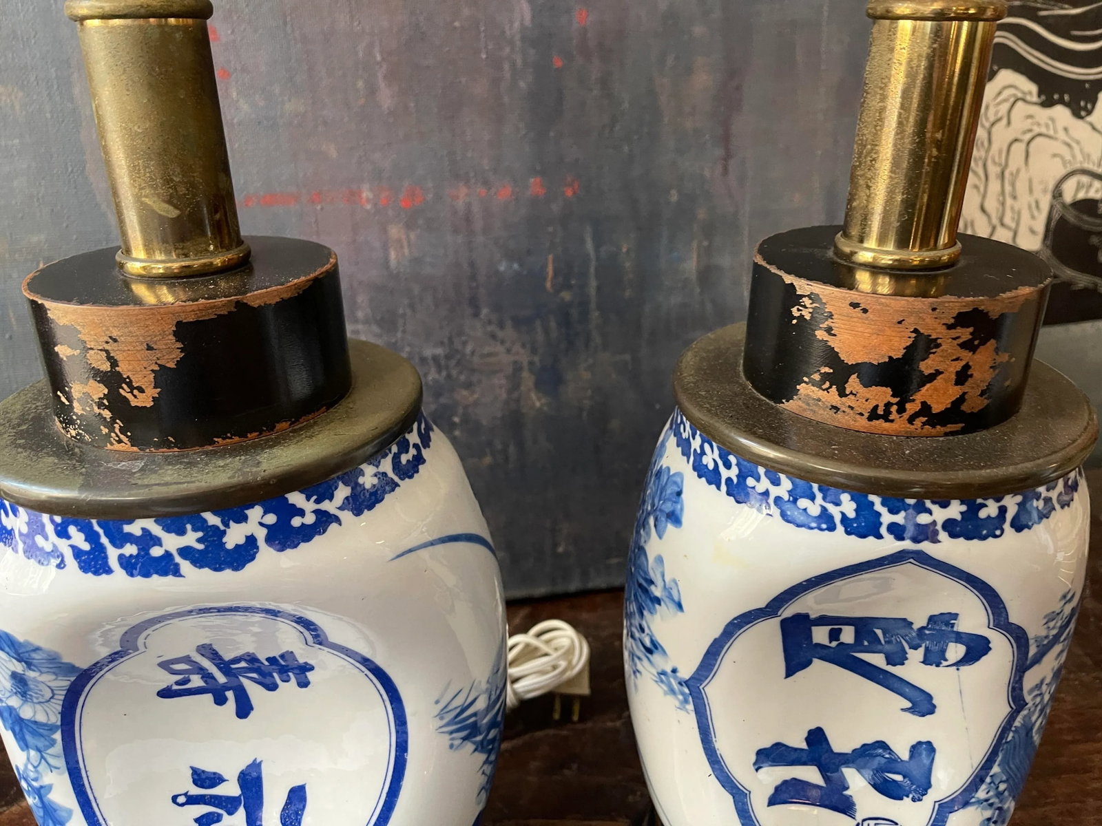 Mid Century Blue and White Chinese Ceramic Lamps - a Pair - 6