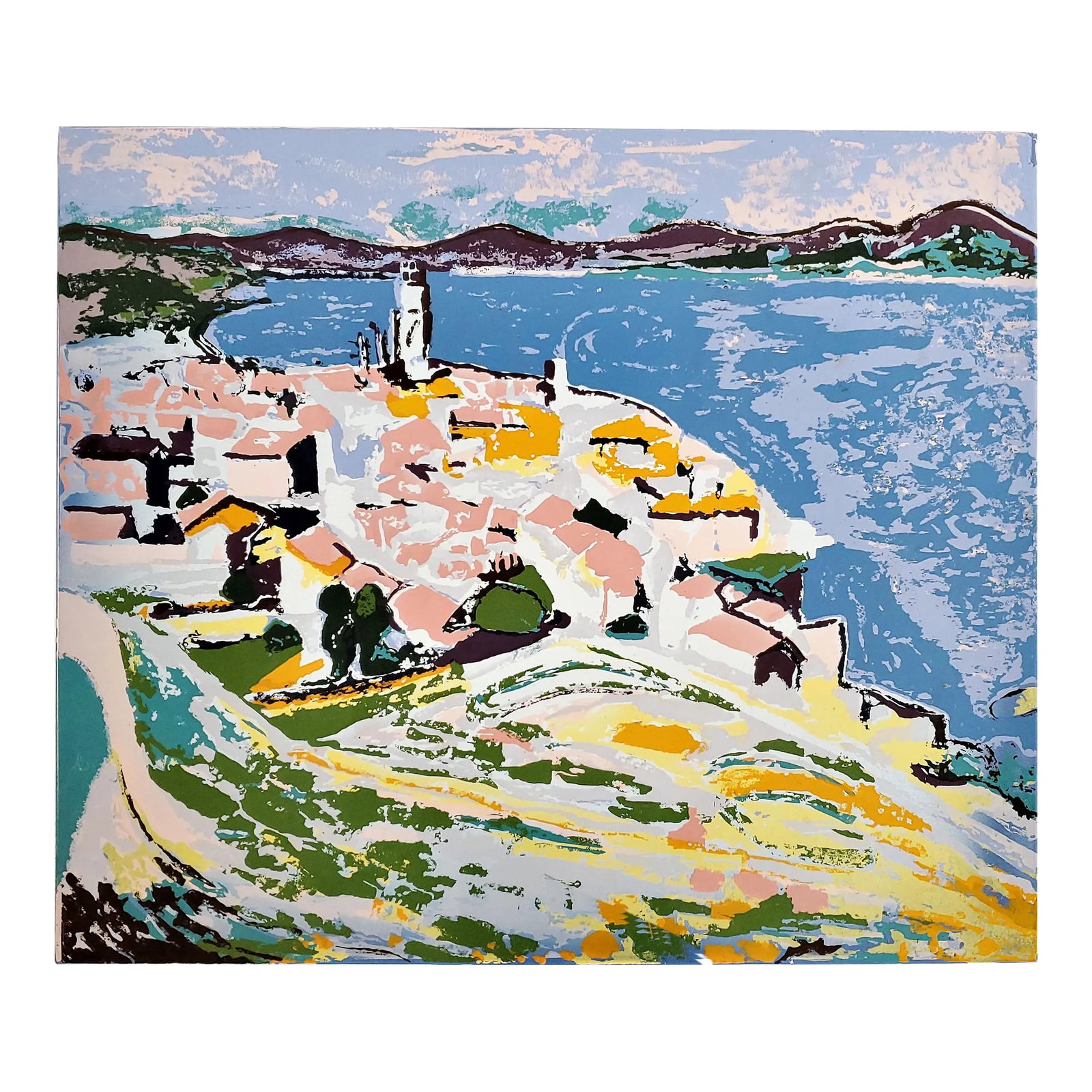 Vintage Metal Wall Art Mediterranean Scene 1973: Vintage Enamel fused coating enamel metal wall art picturing an impressionist Mediterranean scene. Probably the Amalfi Coast. Signed by the artist. Pleas see pics. Condition: Alterations: Original