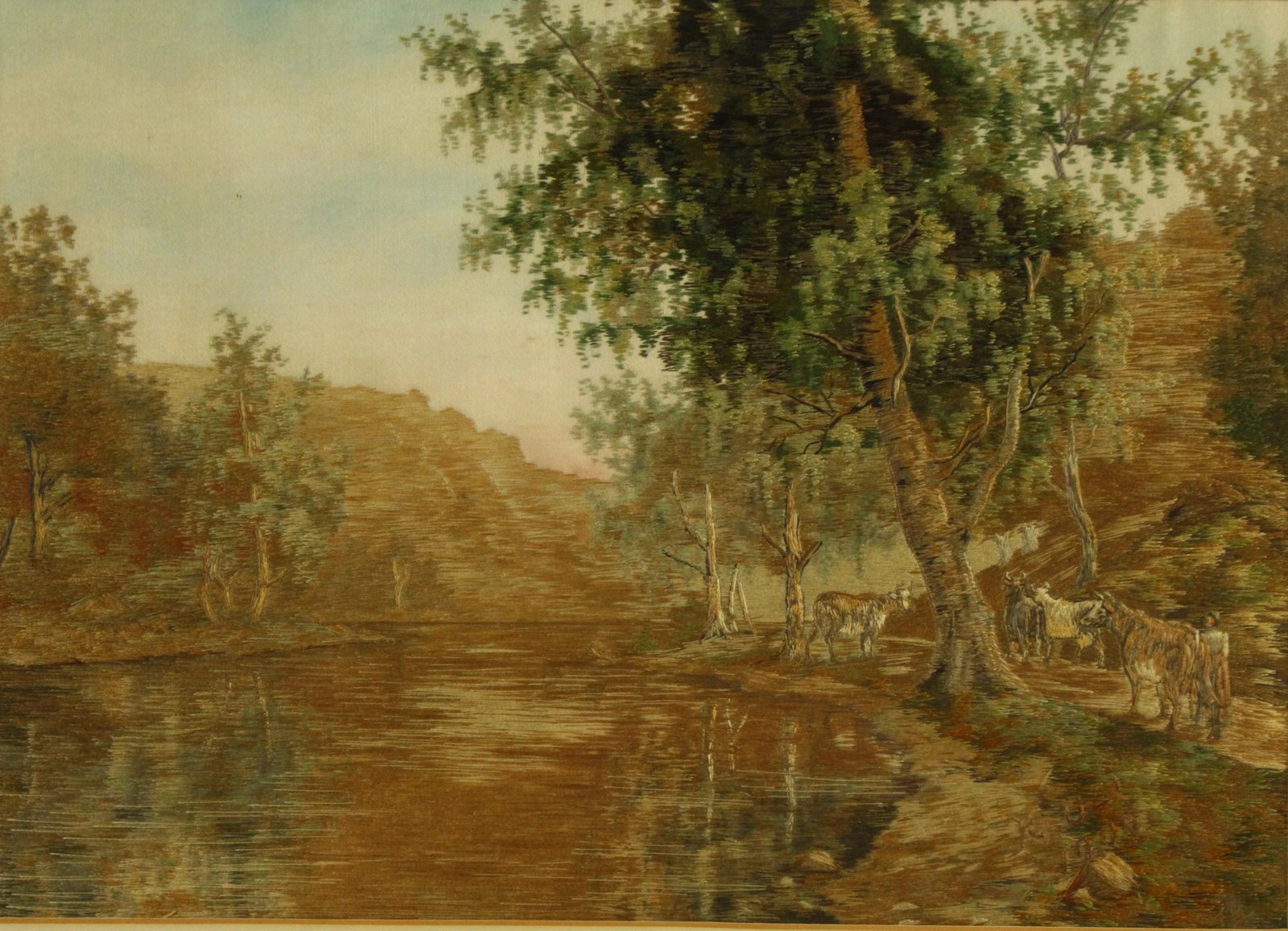 Early 20th Century Needlework Silk Embroidery Pastoral Landscape With Cattle, Signed - 2