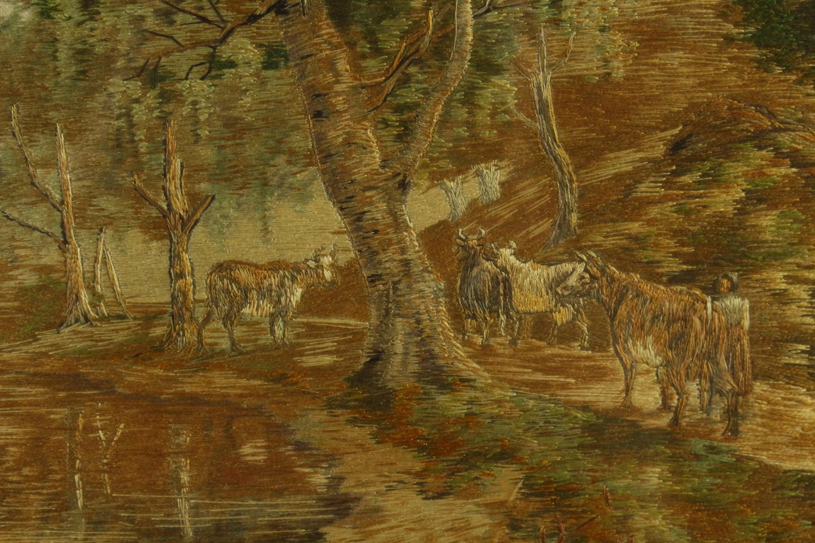 Early 20th Century Needlework Silk Embroidery Pastoral Landscape With Cattle, Signed - 3