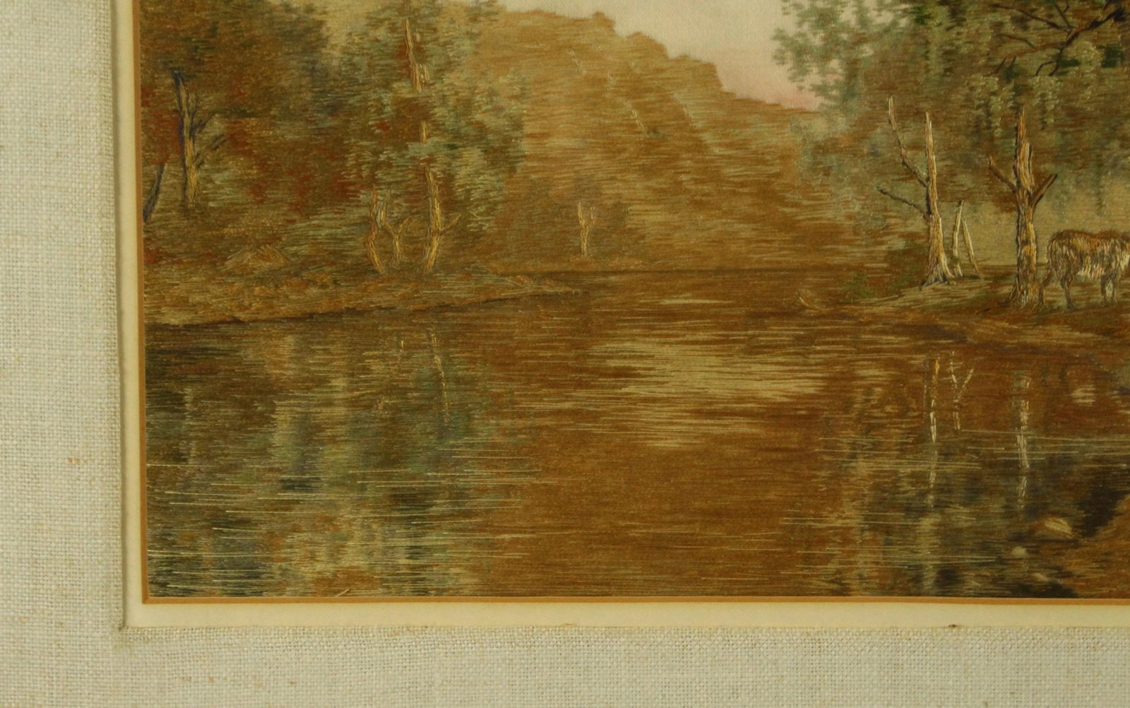 Early 20th Century Needlework Silk Embroidery Pastoral Landscape With Cattle, Signed - 4