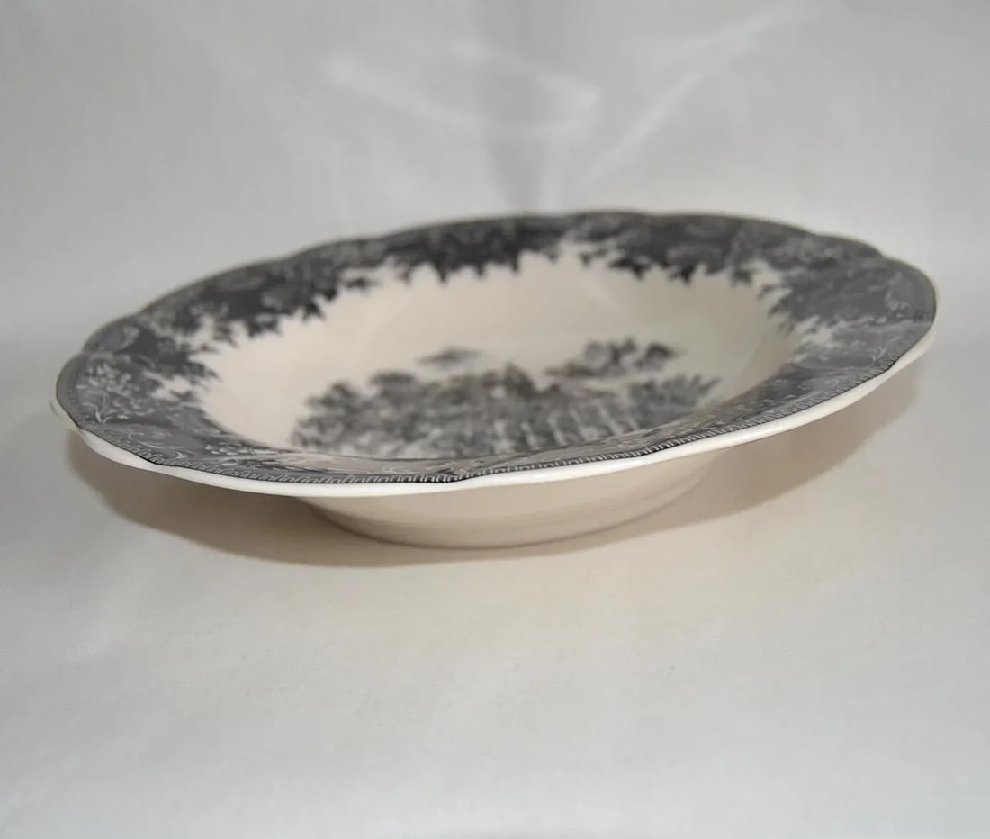 English Staffordshire Creamware Soup Plates Toile Black Equestrian Countryside - Set of 4 - 10