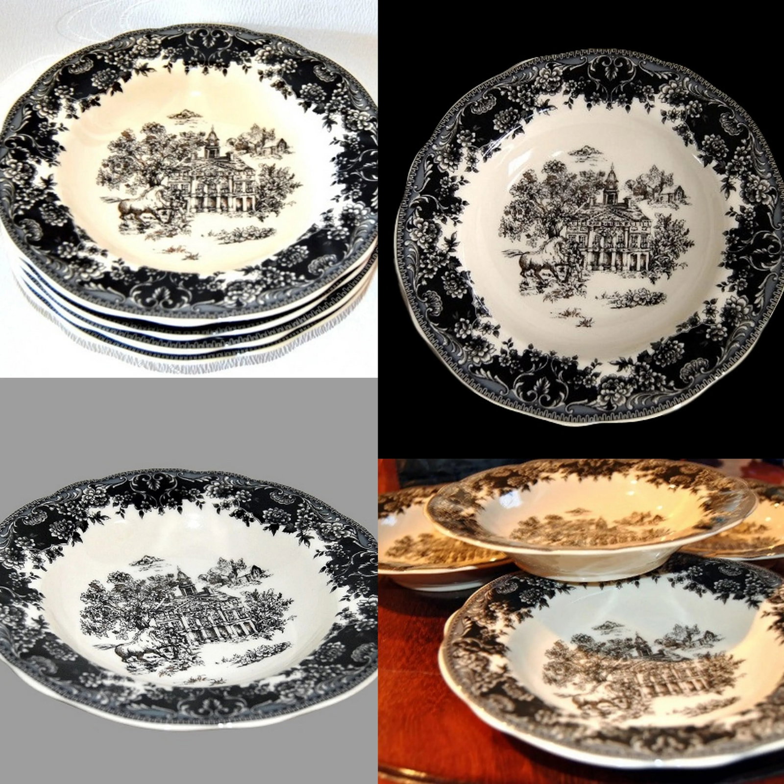 English Staffordshire Creamware Soup Plates Toile Black Equestrian Countryside - Set of 4 - 11