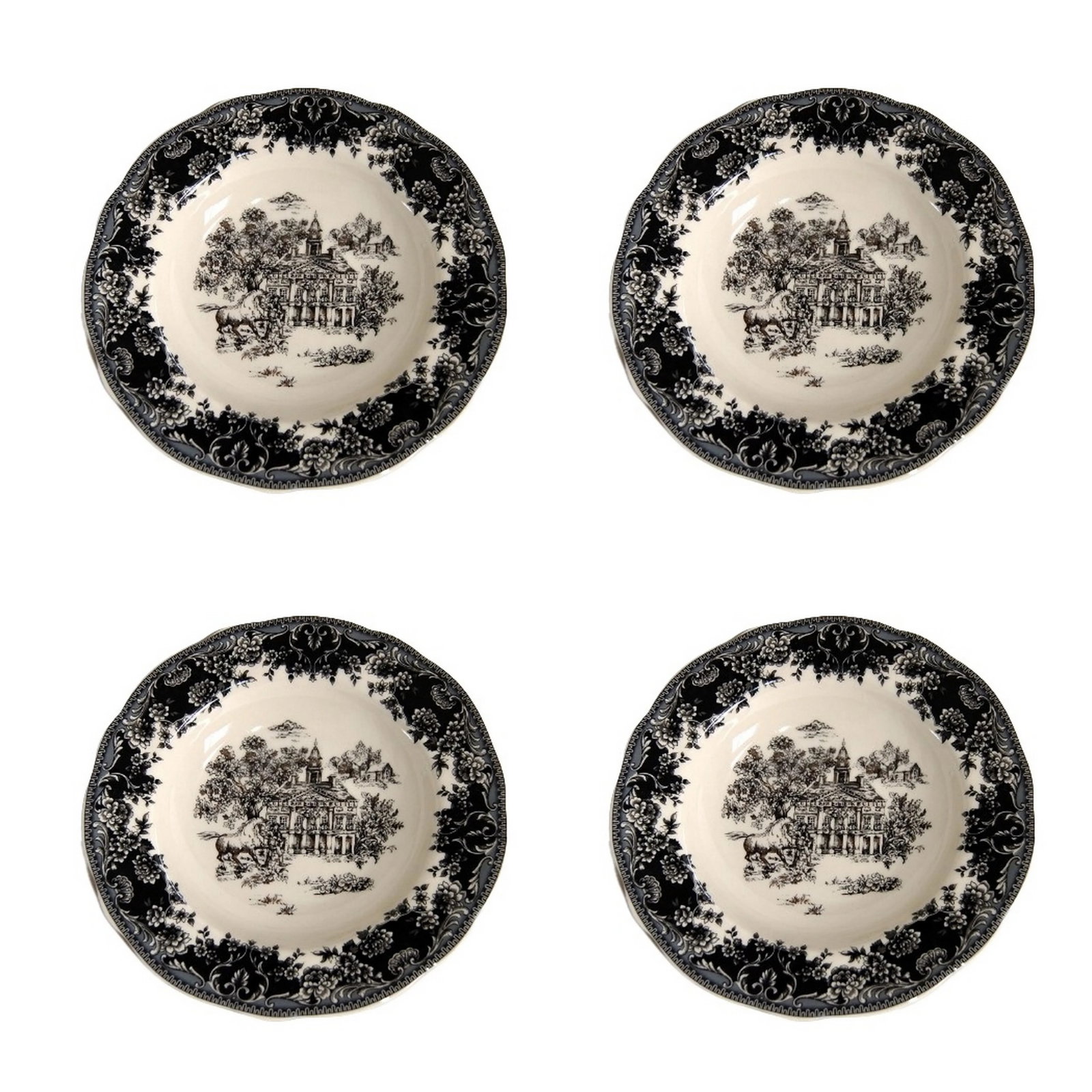English Staffordshire Creamware Soup Plates Toile Black Equestrian Countryside - Set of 4 - 12