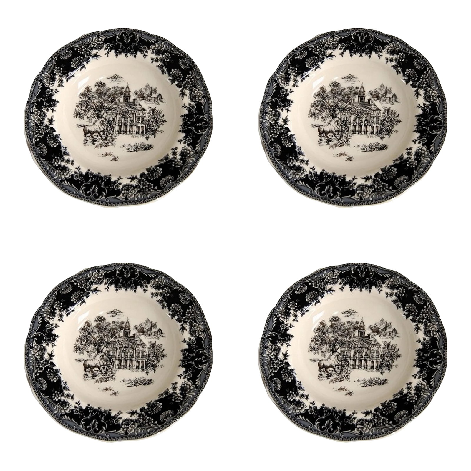 English Staffordshire Creamware Soup Plates Toile Black Equestrian Countryside - Set of 4: These handsome Staffordshire, toile black rimmed soup plates beckon you to home, hearth, and the abundant fare that the old countryside provided. Staffordshire ceramic stoneware, toile-black, decorate