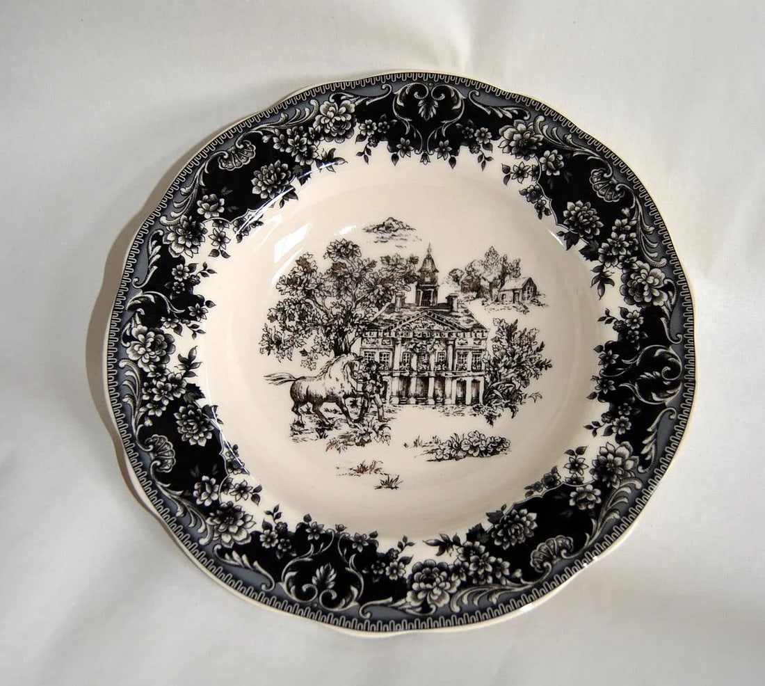 English Staffordshire Creamware Soup Plates Toile Black Equestrian Countryside - Set of 4 - 2