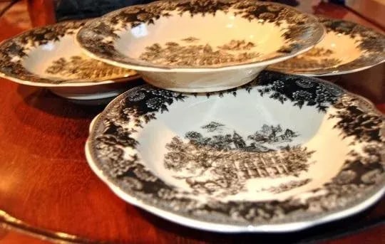 English Staffordshire Creamware Soup Plates Toile Black Equestrian Countryside - Set of 4 - 3