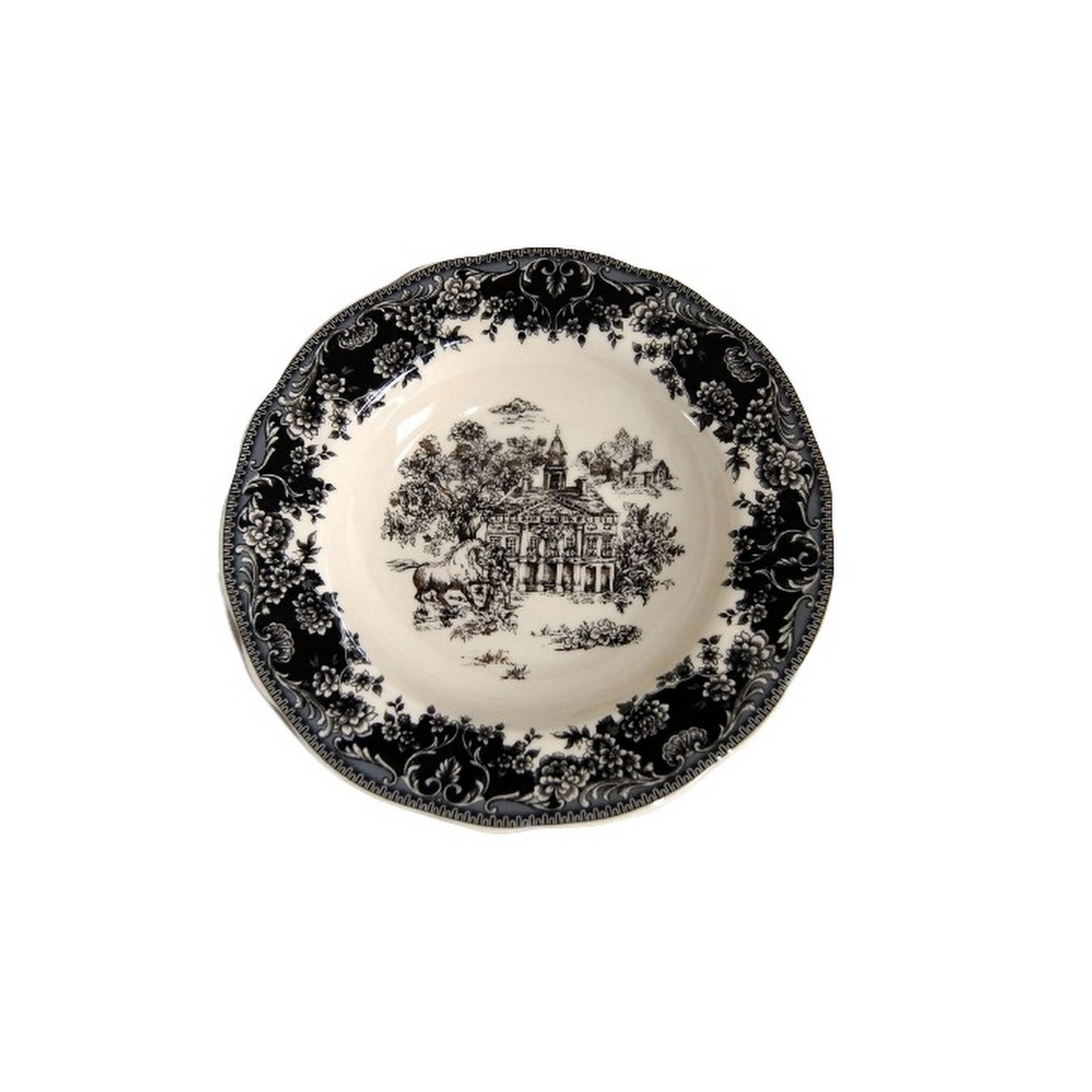 English Staffordshire Creamware Soup Plates Toile Black Equestrian Countryside - Set of 4 - 4
