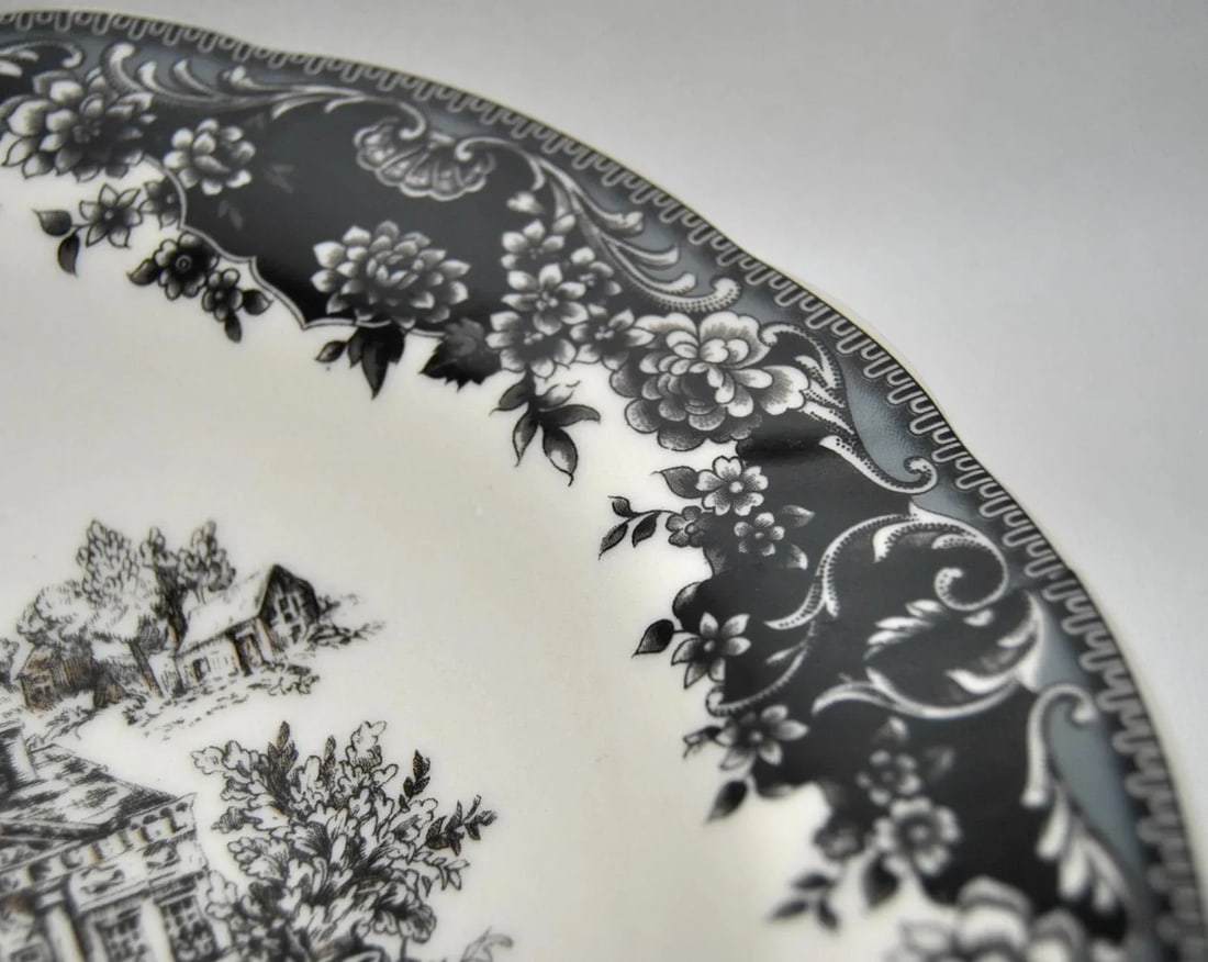 English Staffordshire Creamware Soup Plates Toile Black Equestrian Countryside - Set of 4 - 5