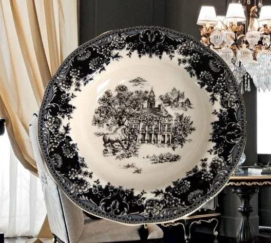 English Staffordshire Creamware Soup Plates Toile Black Equestrian Countryside - Set of 4 - 6